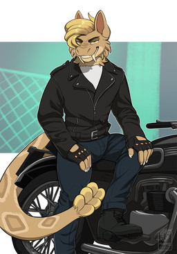 alternative_fashion anthro bedroom_eyes big_bulge biker biker_boots biker_gloves biker_jacket black_boots black_clothing black_fingerless_gloves black_footwear black_gloves black_handwear black_jacket black_leather black_leather_jacket black_topwear blue_bottomwear blue_clothing blue_jeans blue_pants boots bottomwear bulge claws clothing cocky cocky_grin combat_boots delinquent denim denim_bottomwear denim_clothing fangs fangs_bared fingerless_gloves flirting flirting_with_viewer footwear fur gloves greaser grin grinning_at_viewer handwear jacket jeans leather leather_clothing leather_gloves leather_handwear leather_jacket leather_topwear looking_at_viewer male manly markings motorcycle muscular muscular_anthro muscular_male narrowed_eyes pants pose rebel seducing_viewer seductive shirt shoes sitting smile smiling_at_viewer solo spots spotted_body spotted_fur spotted_markings spotted_tail tail tail_markings teeth topwear vehicle white_clothing white_shirt white_topwear yellow_body yellow_eyes yellow_fur vallhound fallout microsoft archer_(cpl.seal) night_stalker_(fallout) hi_res