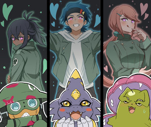 ambiguous_gender armor bedroom_eyes black_background black_hair blue_eyes blue_hair blush clothed clothing covering covering_eyes covering_face digiphilia embarrassed excited female feral glowing glowing_eyes green_body group hair headgear heart_symbol helmet holding_arm hoodie interspecies jacket licking licking_lips male mind_control narrowed_eyes open_mouth open_smile pink_eyes pink_hair plushie ponytail pupils purple_body purple_scales scales seductive sharp_teeth simple_background smile spiral spiral_eyes teeth tongue tongue_out topwear unusual_pupils yellow_eyes kadoko5 bandai_namco digimon digimon_beatbreak varying_degrees_of_want granit_(digimon_beatbreak) hotaruko_kanuma raito_souda animate_inanimate aquatic bivalve digimon_(species) human living_plushie ludomon mammal mollusk monodramon scalie syakomon