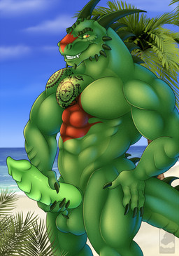 anthro arm_tattoo balls beach big_balls big_penis chest_tattoo claws erection genitals green_body green_scales grin horn huge_balls looking_at_viewer male masturbation muscular muscular_anthro muscular_male nude nude_anthro outside palm_tree penis plant sand scales scar sea shoulder_tattoo sky smile solo strand tail tattoo teeth tree water tigran_the_werewolf microsoft the_elder_scrolls tazguul tazguul_(daz) argonian lizard reptile scalie hi_res