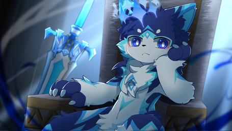 4_fingers anthro biped blue_body blue_eyes blue_fur blush blush_lines chair chest_tuft claws crown expressionless fingers fur furniture hand_on_chin hand_on_face headgear inner_ear_fluff kemono looking_at_viewer male melee_weapon multicolored_body multicolored_fur neck_tuft on_chair pawpads paws sitting sitting_on_chair solo sword tuft weapon white_body white_fur hlg7777 lupical lupika canid canine canis mammal wolf 16:9 2024 blue_theme digital_drawing_(artwork) digital_media_(artwork) hi_res shaded wallpaper widescreen