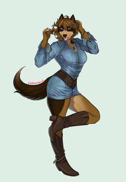 anklet boots bracelet brown_body brown_boots brown_clothing brown_footwear brown_fur brown_hair clothing corset_belt cowboy_boots denim denim_clothing denim_dress dress ear_piercing fangs female footwear fur hair high_heeled_boots high_heels industrial_piercing jewelry long_sleeves looking_at_viewer medium_hair minidress modelling necklace piercing purple_eyes ring_(jewelry) shoes smile smiling_at_viewer solo teeth tongue tongue_out tongue_piercing tri_color_fur triskelion zipper_topwear goddamnitrobin alissa_townsend canid canine canis domestic_dog mammal hi_res