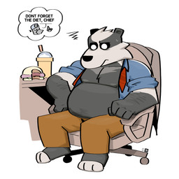 anthro belly bottomwear burger clothed clothing duo food male moobs nipples open_clothing open_shirt open_topwear overweight overweight_male pants shirt sitting solo_focus topwear reidem beastly_crimes beastly_crimes_(2024) chief_badger badger mammal mustelid musteline 1:1 2026 absurd_res hi_res