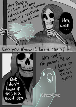 ambiguous_gender beak bone dialogue duo feral melee_weapon polearm scythe skeleton soul text translucent translucent_body weapon jenny_jinya loving_reaper death_(personification) grim_reaper animated_skeleton avian bird carolina_parakeet ghost neotropical_parrot new_world_parrot parakeet parrot recently_extinct_species spirit true_parrot undead comic english_text multiple_scenes