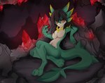 absurd_res anthro biped black_hair breasts female generation_5_pokemon green_body hair hi_res kobold leaf leaf_tail medium_breasts nintendo noodles_(nyxcha) pokemon pokemon_(species) pose red_eyes reptile scalie servine shadow sinigam41 snout solo tail white_body yellow_body