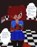 anthro big_breasts breasts comic digital_media_(artwork) discordmelody english_text female five_nights_at_freddy's freckles hair hair_over_eye hi_res jasmine_ivory mammal nipple_outline one_eye_obstructed red_hair rodent sciurid scottgames security text tree_squirrel worried