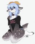 ambiguous_gender anthro biped blue_eyes blue_hair bottomwear clothed clothing collar femboy fur grey_body grey_fur hair hooves horn kneeling pants solo spots text white_body white_fur princessharumi kara_(trippledot) bovid caprine goat mammal english_text