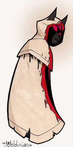 3_eyes anthro blood bodily_fluids clothing cross glowing glowing_eyes hood hood_up hooded_robe ichor inverted_cross looking_at_viewer looking_back male multi_eye robe solo ratchetsly cult_of_the_lamb massive_monster_(studio) narinder the_one_who_waits domestic_cat felid feline felis mammal hi_res