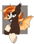 bat_wings black_body ear_tuft fangs feral grin half-closed_eyes hooves looking_at_viewer male mane membrane_(anatomy) membranous_wings narrowed_eyes orange_mane smile solo tan_body teeth tuft wings lulubell hasbro my_little_pony fan_character jack'o'lantern_(oc) bat_pony equid mammal