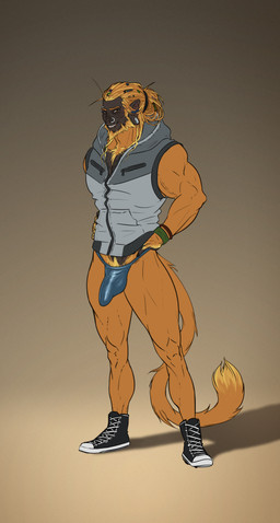 anthro beard biped body_hair bottomless bulge clothed clothing detailed_bulge ear_piercing eyebrow_piercing facial_hair facial_piercing footwear form_fitting fur genital_outline hoodie looking_at_viewer male male_anthro muscular muscular_anthro muscular_male nipple_piercing nipples nose_piercing orange_body orange_fur penis_outline piercing plantigrade pubes shoes sneakers solo thong topwear underwear mickey_the_retriever aureliano haplorhine mammal monkey primate absurd_res hi_res