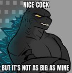 bared_teeth crossed_arms dialogue glowing male solo teeth text clevzx godzilla_(series) toho godzilla kaiju english_text image_macro impact_(font) meme reaction_image