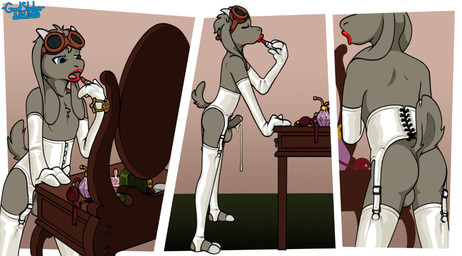 anthro applying_lipstick armwear backsack balls blue_eyes bodily_fluids butt chest_tuft clothed clothing comic_panel corset crossdressing drag_(fashion) dripping erection eyewear eyewear_on_head femboy garter_belt garter_straps genital_fluids genitals goggles goggles_on_head hair half-erect horn latex latex_armwear latex_clothing latex_legwear latex_stockings leaking_precum legwear lingerie lipstick long_ears makeup male mirror penis perfume_bottle precum precum_drip raised_tail skinny solo stirrups stockings tail topwear tuft vanity_(furniture) vanity_mirror vaudeville goatsludge cyrus_mackenzie bovid caprine goat mammal hi_res