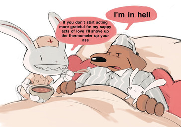 4_fingers anthro brown_body brown_fur clothing dialogue doll duo fingers food fur hat headgear headwear holding_object ill lying male nightcap nurse_clothing nurse_headwear nurse_uniform on_back pajama_shirt pajamas plushie sharp_teeth soup speech_bubble tail teeth text tired_eyes under_covers uniform white_body white_fur vestigialbones sam_and_max max_(sam_and_max) samuel_dog canid canine canis domestic_dog lagomorph leporid mammal rabbit english_text hi_res
