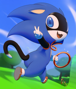 anthro black_body black_fur blue_eyes butt chibi clothed clothing cosplay costume crossover_cosplay fur gesture hand_gesture looking_at_viewer male markings mask ring running smile solo tail tail_markings v_sign white_body white_fur inkune atlus megami_tensei persona_(series) persona_5 sega sonic_the_hedgehog_(series) morgana_(persona) sonic_the_hedgehog domestic_cat felid feline felis mammal tuxedo_cat absurd_res crossover hi_res