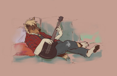 anthro bass_guitar blonde_hair bottomwear brown_body chain_necklace clothed clothed_anthro clothing denim denim_bottomwear denim_clothing flannel_shirt guitar hair holding_bass jeans jewelry lock male male_anthro multicolored_body musical_instrument necklace pants pawpads paws pink_background plucked_string_instrument relaxing shirt simple_background solo string_instrument tongue tongue_out topwear white_body contort_desire akita canid canine canis domestic_dog mammal spitz hi_res