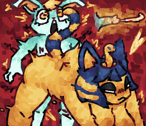 anthro areola big_areola blonde_hair blue_body blue_fur blue_hair bodily_fluids buckteeth cracks cum cum_in_vagina cum_inside cutaway doggystyle dominant dominant_female duo ejaculation emanata eyelashes female fluffy flying_sweatdrops from_behind_position front_view fur genital_fluids gold_(metal) gold_jewelry hair half-closed_eyes heart_symbol jewelry male male/female moan multicolored_body multicolored_fur multicolored_hair narrowed_eyes open_mouth orange_body orange_fur red_background rough_sex sex simple_background smile smirk smug sweat sweatdrop teeth twitching unimpressed yellow_body yellow_eyes yellow_fur scaliescum animal_crossing nintendo ankha_(animal_crossing) sasha_(animal_crossing) felid feline lagomorph leporid mammal rabbit