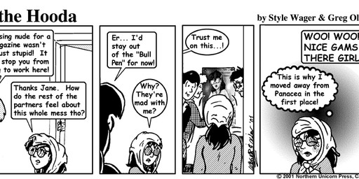 blush bodily_fluids breasts clothed clothed_female clothing crying dialogue eyewear female group hair male tears text style_wager dela_the_hooda jane_(dela_the_hooda) millie_tunnely halfling human humanoid mammal 2001 comic english_text greyscale monochrome