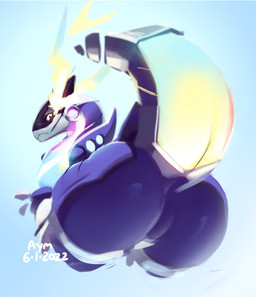 anthro big_butt blue_background butt featureless_crotch female glowing glowing_markings looking_back markings perineum pupils purple_body raised_tail rear_view simple_background slit_pupils smile solo tail thick_thighs wide_hips yellow_eyes aymbord nintendo pokemon future_pokemon generation_9_pokemon legendary_pokemon miraidon paradox_pokemon pokemon_(species) reptile scalie ultimate_mode_miraidon 2022 dated digital_media_(artwork) digital_painting_(artwork) hi_res painting_(artwork) shaded signature