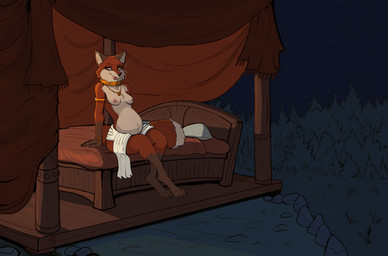 anthro bed belly big_belly black_nose breasts female fur furniture multicolored_body multicolored_fur navel nipples on_bed outie_navel pregnant pregnant_anthro pregnant_female red_body red_fur sitting sitting_on_bed smile solo tail tan_body tan_fur tongue tongue_out two_tone_body two_tone_fur garbagegarage canid canine fox mammal hi_res