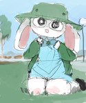 anthro clothing eyelashes female fur hat headgear headwear knee_blush kneeling long_ears school_uniform smile solo uniform white_body white_fur young young_anthro young_female bronzecatworld lagomorph leporid mammal rabbit 5:6 sketch