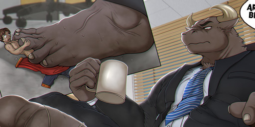 bdsm black_clothing black_suit blind bodily_fluids bondage boss bottomwear bound brown_body brown_fur business_suit chair claws clothed clothing container cup cutaway disability duo feet foot_fetish fur furniture holding_object horn humanoid_feet inside looking_down magic_user male male/male micro mug necktie office office_chair plantigrade rope shirt sitting size_difference speech_bubble stomped stomping suit sweat text topwear under_feet white_clothing white_shirt white_topwear tan_(artist) bovid bovine cattle human mammal digital_media_(artwork) english_text hi_res