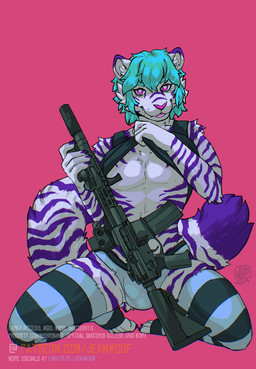 anthro barrel clothing gun legwear male ranged_weapon rifle rifle_sling solo stockings underwear weapon jeanwoof felid mammal pantherine tiger hi_res