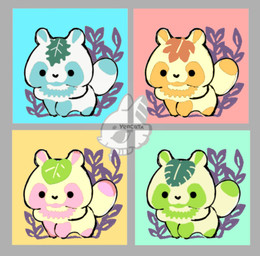 black_eyes black_nose blue_body chibi dot_eyes feral green_body leaf orange_body pink_body simple_eyes solo yencatx canid canine mammal raccoon_dog tanuki 2021