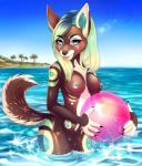 anthro areola beach female genitals nipple_piercing nipples nude piercing pussy sea seaside solo water adorableinall cloakedthief cara_shrike canid canine canis mammal wolf digital_media_(artwork) hi_res