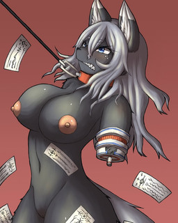 amputee anthro big_breasts black_body blue_eyes blush breasts collar disability female genitals grey_hair hair leash leashed_collar missing_arm nipples nude sharp_teeth solo teeth vulva komenuka_inaho canid canine canis mammal wolf