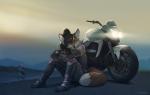 anthro biped black_hair female fluffy fluffy_tail hair looking_at_viewer motorcycle sitting smile solo tail vehicle koul kawasaki canid canine fox mammal 2015