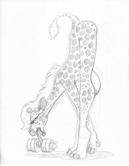 anthro ass_up bedroom_eyes bent_over big_breasts breasts dumbbell exercise female from_side hair huge_breasts long_legs long_tongue looking_at_viewer narrowed_eyes seductive side_glance solo tongue weightlifting weights workout wolfkidd giraffe giraffid mammal hi_res monochrome