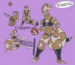 anthro ball black_clothing clothing female flat_chested grey_body grey_scales hand_on_hip long_neck midriff multicolored_body multicolored_scales net one_eye_closed purple_background scales simple_background solo speech_bubble sport tan_body tan_scales text volleyball volleyball_(ball) volleyball_net mil-the-windmill copper_valley reptile scalie snake absurd_res english_text hi_res multiple_images