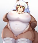 :< ahoge anthro areola belly big_breasts biped blush breasts brown_body brown_ears brown_fur brown_inner_ear brown_nose brown_tail cleavage clothed clothing countershade_face countershade_fur countershade_torso countershading curvy_figure eyelashes female female_anthro fingers fluffy fluffy_tail front_view fully_clothed fur glistening glistening_body glistening_clothing glistening_eyes glistening_fur glistening_hair gloves_(marking) gradient_background green_eyes green_pupils hair hand_on_breast hand_on_hip huge_breasts humanoid_hands inner_ear_fluff kemono legwear looking_at_viewer markings monotone_hair monotone_tail multicolored_body multicolored_fur navel_outline neck_tuft one-piece_swimsuit overweight overweight_anthro overweight_female pink_areola pupils short_hair simple_background skindentation solo standing swimwear tail tan_body tan_countershading tan_fur thick_thighs thigh_highs translucent translucent_clothing translucent_swimwear tuft voluptuous white_clothing white_hair white_inner_ear_fluff white_legwear white_swimwear white_thigh_highs wide_hips shibaemonxsk canid canine mammal raccoon_dog tanuki 2023 colored digital_media_(artwork) hi_res portrait shaded three-quarter_portrait