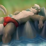 anthro boxer_briefs brown_body brown_fur bulge clothed clothing eyes_closed eyewear fur glasses lying male on_back red_clothing sleeping smile solo topless topless_male underwear water vodcat mosin_(character) mammal mustelid otter 1:1 2021 digital_media_(artwork) hi_res