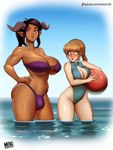 ball big_breasts big_bulge big_butt bikini bikini_thong blush braided_hair breast_size_difference breasts bulge butt cleavage clothed clothing dark_body dark_skin demon detailed_bulge duo female flustered genital_outline gynomorph hair hands_on_hips holding_ball holding_object horn horned_humanoid human humanoid intersex light_body light_skin looking_aside looking_at_another looking_at_bulge looking_at_viewer mammal menoziriath navel not_furry one-piece_swimsuit partially_submerged penis_awe penis_outline size_difference skimpy swimwear text thick_thighs url water wide_hips