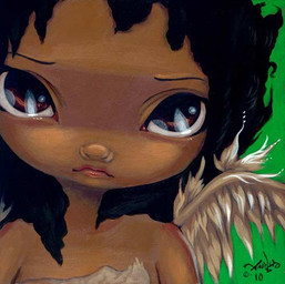 brown_body brown_skin curly_hair eyebrows feathered_wings feathers female hair lips long_hair looking_at_viewer not_furry pupils simple_background solo wings jasmine_becket-griffith angel angel_humanoid humanoid winged_humanoid 2010 dated formal_art low_res painting_(artwork) traditional_media_(artwork) traditional_painting_(artwork)