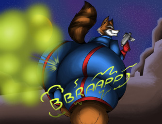 anthro balls_outline big_butt bulge butt clothed clothing detailed_bulge fart fart_cloud fart_fetish farting_at_viewer gassy genital_outline gun huge_butt looking_at_viewer looking_back looking_back_at_viewer male male_farting obese overweight planet presenting presenting_hindquarters raised_tail ranged_weapon smelly solo space tail thick_thighs weapon sunflower_fox guardians_of_the_galaxy marvel rocket_raccoon mammal procyonid raccoon hi_res