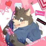 anthro blush box container embarrassed eyebrows fur gift_box grey_body grey_fur holidays male overweight pink_background simple_background solo text thick_eyebrows o3o_luri lifewonders tokyo_afterschool_summoners valentine's_day moritaka_(tas) canid canine canis domestic_dog mammal 1:1 absurd_res english_text hi_res