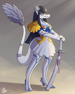 accessory alternate_costume anthro biped black_hair boots bored breasts claws clothed clothed_anthro clothed_female clothing cosplay feathered_tail feathers female finger_claws fingers flower flower_in_hair footwear grey_body grey_feathers hair hair_accessory high_heeled_boots high_heels legwear long_hair medium_breasts melee_weapon non-mammal_breasts plant shadow shoes solo standing sword tail text thigh_boots thigh_highs weapon white_body ok-nobody-3893 cavemanon_studios i_wani_hug_that_gator kill_la_kill studio_trigger lunara_(iwhtg) satsuki_kiryuin bambiraptor dinosaur dromaeosaurid prehistoric_species reptile saurischian scalie theropod 2025 4:5 artist_name colored full-length_portrait portrait shaded