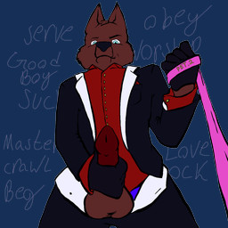 anthro biped clothing collared_shirt dialogue dress_shirt front_view genitals good_boy hypnotizing_viewer leash leashed_viewer looking_at_viewer low-angle_view male male_anthro master penis shirt solo standing suit text topwear biohound canid mammal 1:1 absurd_res alpha_channel english_text hi_res