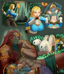 abs blonde_hair clothed clothing eyes_popping_out female gerudo_outfit hair humanoid_pointy_ears male navel not_furry open_mouth pointy_ears red_hair text acrylictoon breath_of_the_wild nintendo the_legend_of_zelda ganondorf link princess_zelda gerudo humanoid hylian hi_res