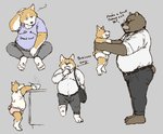 anthro belly bottomwear brown_body brown_fur carrying_another clothing duo eyewear fur glasses male overweight overweight_male pants shirt sitting text topwear underwear professor_fluff bear canid canine canis domestic_dog herding_dog mammal pastoral_dog welsh_corgi 2020 absurd_res english_text hi_res