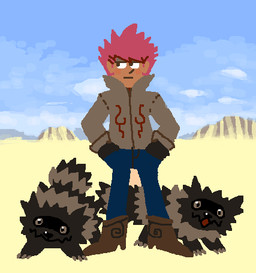 :3 black_eyes blush brown_body brown_eyes brown_fur cloud desert feral fur hair half-closed_eyes human_focus narrowed_eyes pink_hair smile mossworm nintendo pokemon pokemon_colosseum rider_(pokemon) rider_willie generation_3_pokemon human mammal pokemon_(species) zigzagoon low_res
