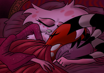 4_fingers 4_hands bed bedding bedroom blanket clothing couples cuddling duo female fingers furniture horn hug male multi_hand pillow sleeping sweater topwear killb94_(artist) hazbin_hotel hellaverse helluva_boss angel_dust blitzo_(helluva_boss) arachnid arthropod demon humanoid imp mammal spider 2025 digital_drawing_(artwork) digital_media_(artwork) hi_res