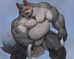 anthro black_nose claws clothing eyebrows fur grey_body grey_fur looking_at_viewer male nipples pink_sclera simple_background slightly_chubby solo underwear white_eyebrows uriex uriex_(character) canid canine canis mammal wolf 2023 digital_media_(artwork)