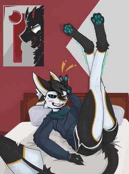 anthro bed bottomwear clothing dark_body dark_fur fur furniture lying lying_on_bed male on_back on_bed orange_body orange_fur paws poster shorts silly smile solo white_body white_fur katariy avali avian hybrid hi_res