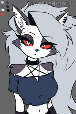 anthro breasts clothed clothing female fur hair red_sclera simple_background solo white_body white_fur littlehitsuji hellaverse helluva_boss mythology loona_(helluva_boss) canid canid_demon canine demon hellhound mammal mythological_canine mythological_creature digital_media_(artwork) hi_res