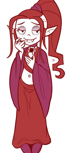alternative_fashion blush choker ear_tails fangs female goth hair jewelry looking_at_viewer navel necklace not_furry ponytail solo teeth trad_goth unknown_artist school_for_vampires gruftine humanoid vampire hi_res
