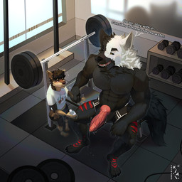 animal_genitalia anthro arm_grab big_penis black_body black_fur blush bodily_fluids bulge clothing detailed_background duo erection fur genital_fluids genitals gym knot male male/male muscular muscular_male penis precum red_body red_fur sweat sweaty_body teeth water white_body white_fur kiai shibardo_(artist) azki_(azki_wolf) shibardo canid canine canis domestic_dog mammal wolf absurd_res hi_res