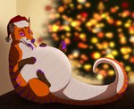 4_toes ambiguous_feral ambiguous_gender belly big_belly blurred_background cheek_tuft christmas_clothing christmas_headwear claws clothing digitigrade facial_tuft fangs feet feral fur glistening glistening_eyes hat headgear headwear holidays huge_belly inside leg_markings markings no_sclera obese open_mouth orange_body orange_fur overweight pawpads purple_eyes purple_markings purple_nose purple_pawpads purple_tongue quadruped santa_hat scales socks_(marking) solo striped_back striped_markings striped_tail stripes tail tail_markings teeth toe_claws toes tongue tongue_out tuft white_body white_scales unbreakable-warrior christmas vorax canid canine fox hybrid mammal reptile scalie snake