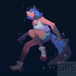 anthro biped blue_hair blush bottomwear brown_body brown_fur clothed clothing dipstick_tail dolphin_shorts female footwear fur hair markings shirt shoes shorts simple_background solo sparkles tail tail_markings topwear polinagribova brand_new_animal studio_trigger michiru_kagemori canid canine mammal 1:1 absurd_res hi_res
